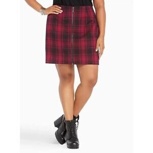 [Torrid] Red Black Plaid Tartan Print Zip Front Mini Skirt Pockets Stretch Sz 16